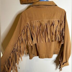 Brown denim fringe jacket. Size medium.
